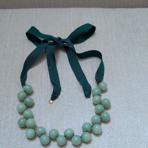 J. Crew Jade Ball Stone Green Grosgrain Ribbons Necklace Preppy Coastal - Picture 9 of 9
